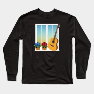 Acoustic Guitar Leaning Against Window with Flowers Long Sleeve T-Shirt